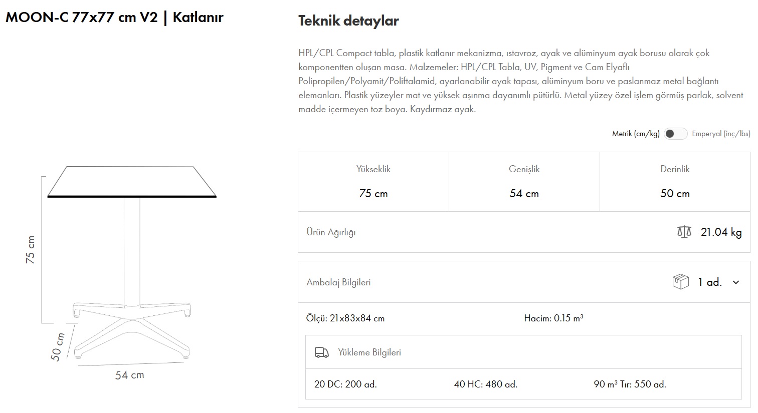 Moon-C Masa 77x77 V2 Katlanır